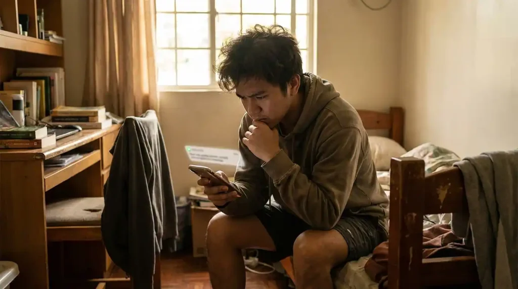 Filipino college student looking skeptically at suspicious job offer message on phone screen — online job scams Philippines warning
