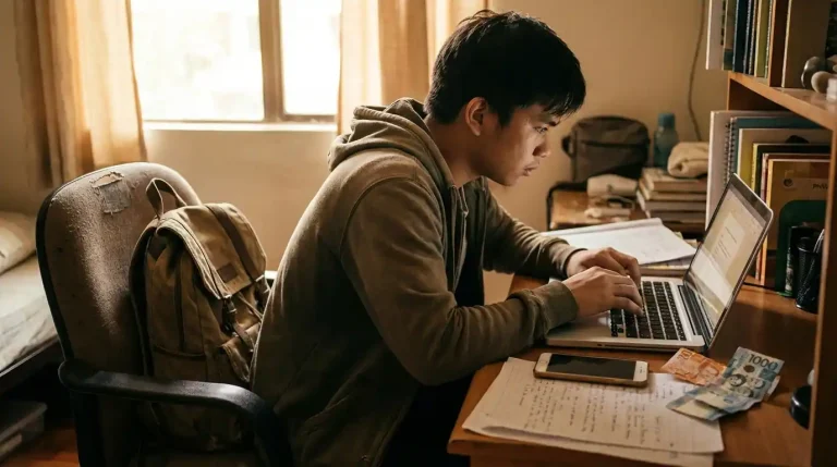 Filipino college student earning money online on laptop inside a dormitory room — online jobs for students Philippines Nano Banana Prompt: