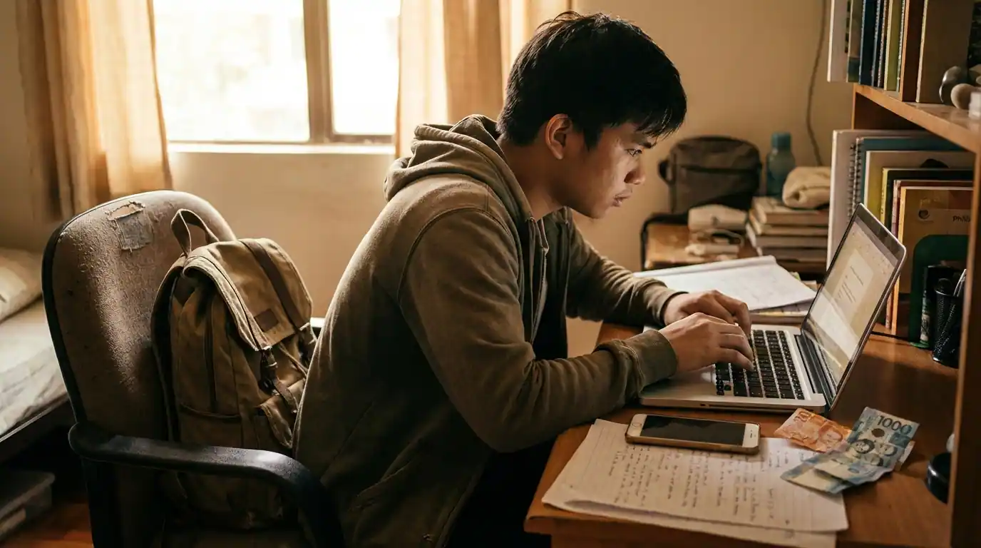 Filipino college student earning money online on laptop inside a dormitory room — online jobs for students Philippines Nano Banana Prompt: