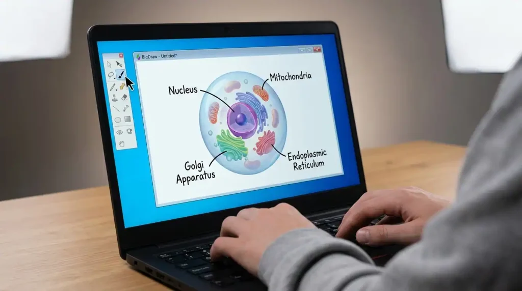Student creating a 3D biology cell diagram for a school science report on a Windows laptop