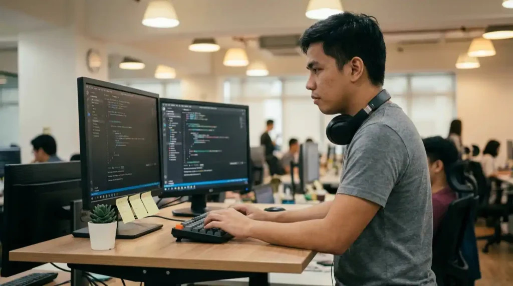 Young Filipino software developer writing code on dual monitors in a modern tech office in the Philippines