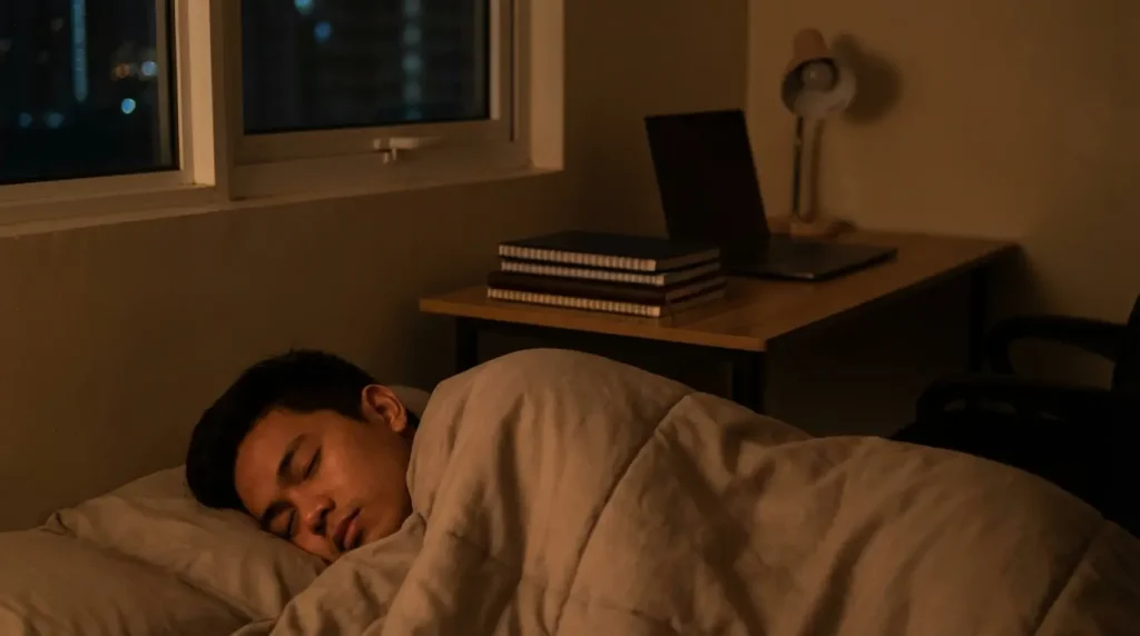 A student peacefully sleeping in bed at night after studying, with closed books and notes on a nearby desk