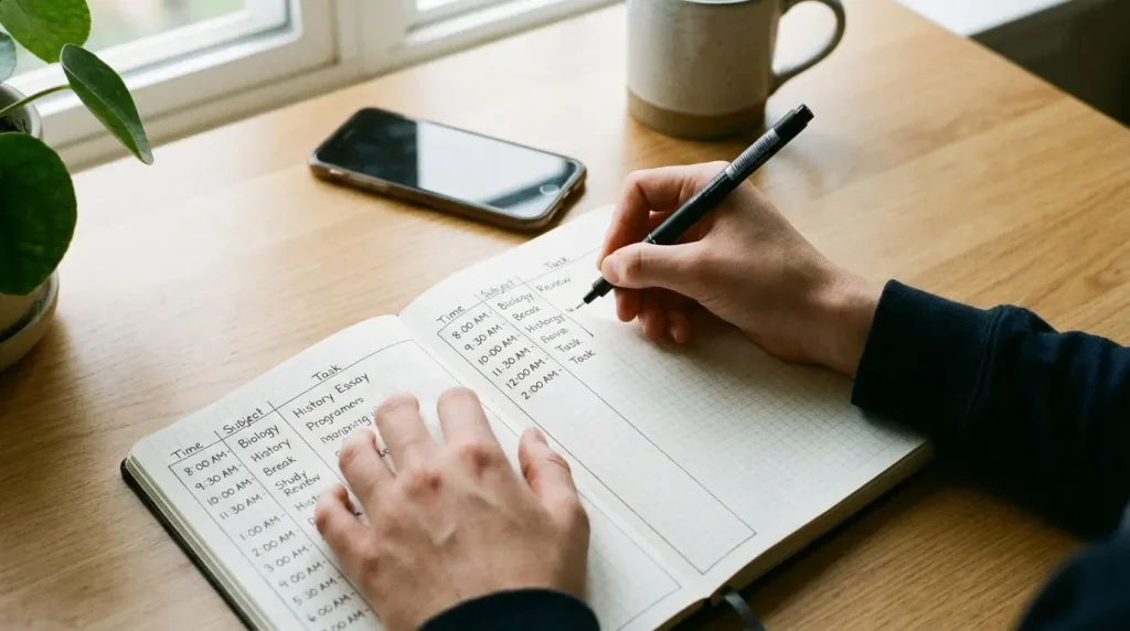 A student writing a study schedule in a notebook with a pen, with a phone placed face down nearby