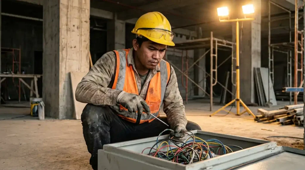 Filipino TESDA-certified electrician working on an electrical panel at a construction site in the Philippines