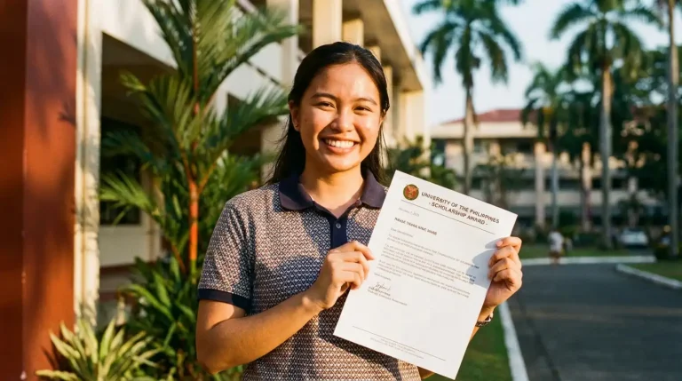 Happy Filipino college student holding a scholarship certificate in front of a university building in the Philippines