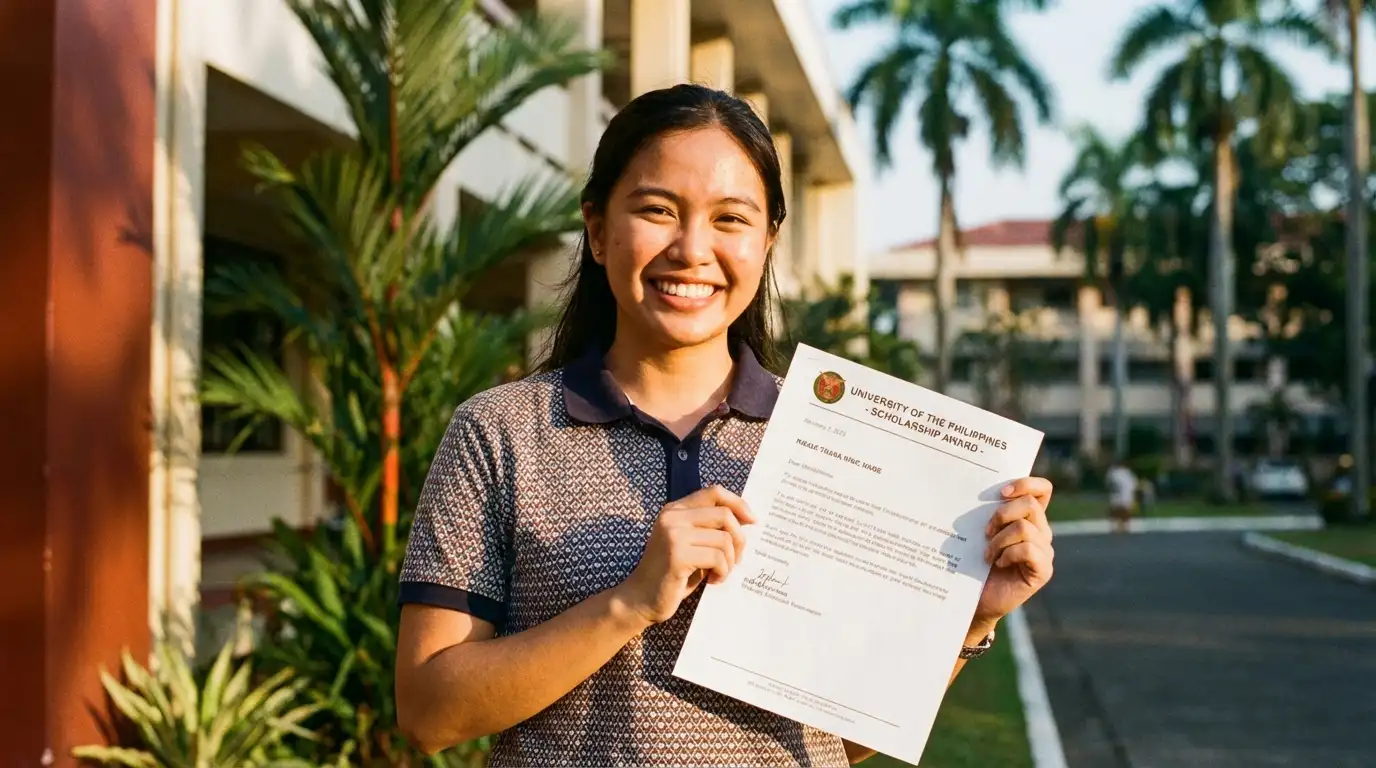 Happy Filipino college student holding a scholarship certificate in front of a university building in the Philippines
