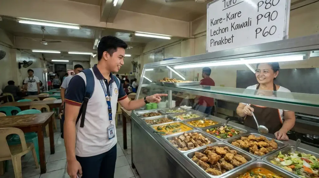 A Filipino student pointing at dishes to order at a turo-turo style restaurant, with a variety of Filipino viands displayed behind glass
