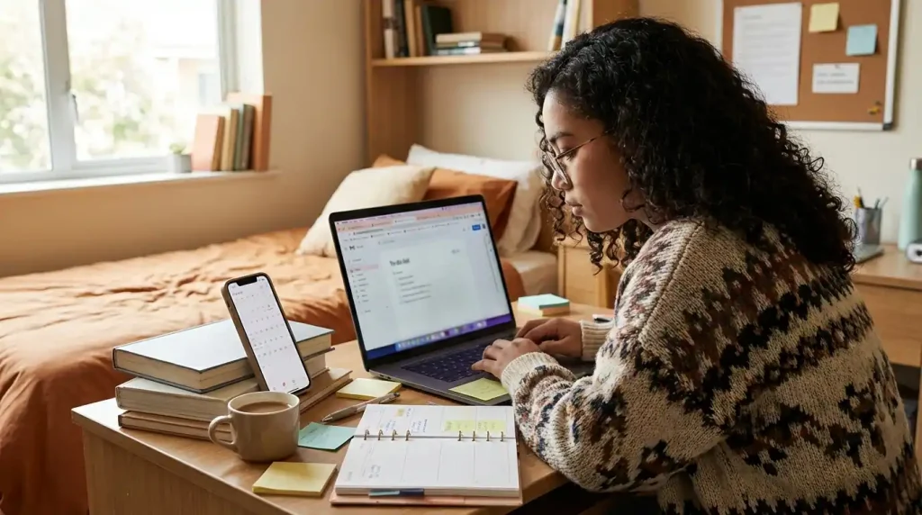 Filipino college student working as virtual assistant on laptop and phone at home desk — virtual assistant Philippines student work from home