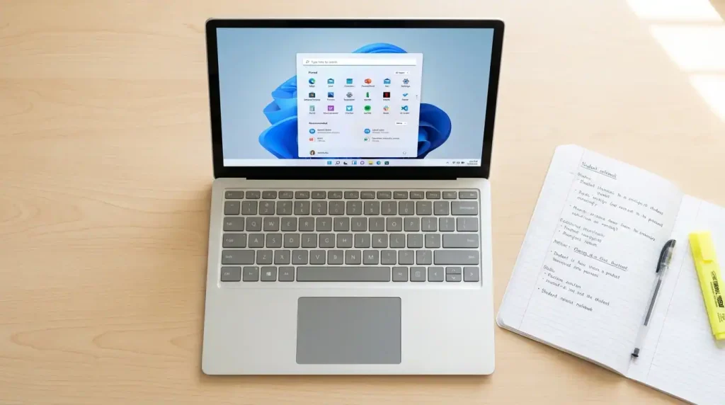 Windows laptop open on a student desk showing the Start menu with pre-installed apps