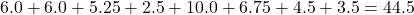  6.0 + 6.0 + 5.25 + 2.5 + 10.0 + 6.75 + 4.5 + 3.5 = 44.5 